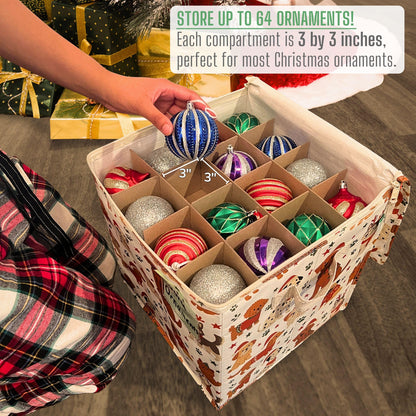 VENO 2 Pack Christmas Ornament Storage Box, Holiday Ornament Organizer with Adjustable Dividers, Sturdy Storage Containers for 64 Ornaments, Zippered Lid & Handles, 3" Cube (Holiday Pups)