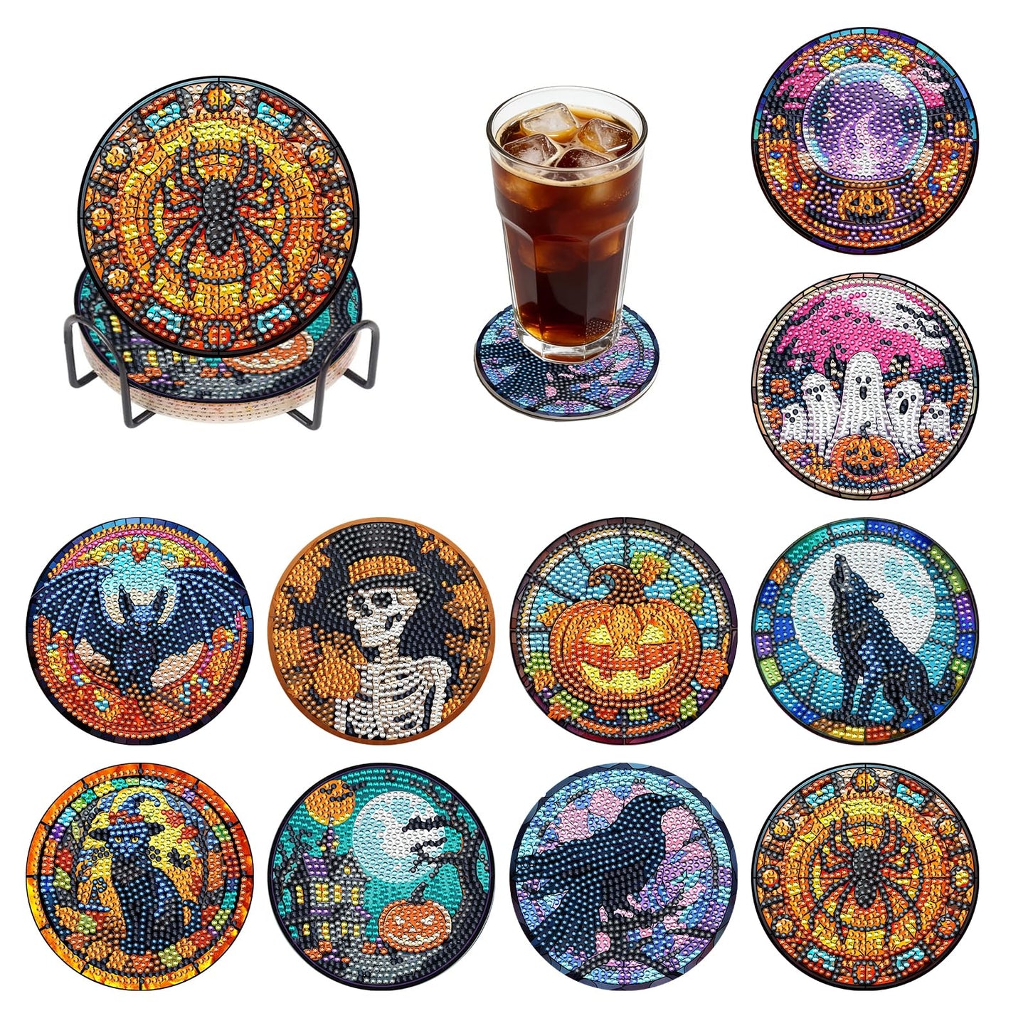 BOCACUE Halloween Diamond Art Coasters Kit for Adults, 10 PCS Diamond Painting Coasters with Holder, Cute Gem Painting Coasters for Desk, DIY Diamond Art Crafts, Halloween Decor Gifts for Men & Women