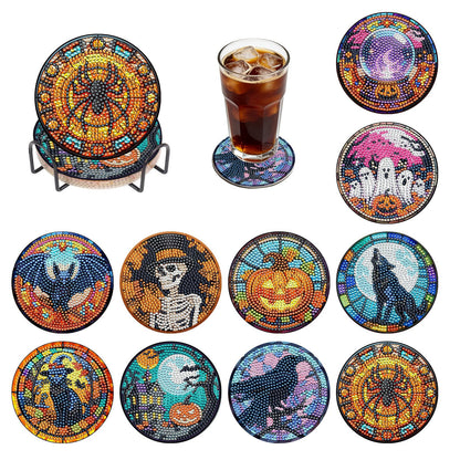 BOCACUE Halloween Diamond Art Coasters Kit for Adults, 10 PCS Diamond Painting Coasters with Holder, Cute Gem Painting Coasters for Desk, DIY Diamond Art Crafts, Halloween Decor Gifts for Men & Women