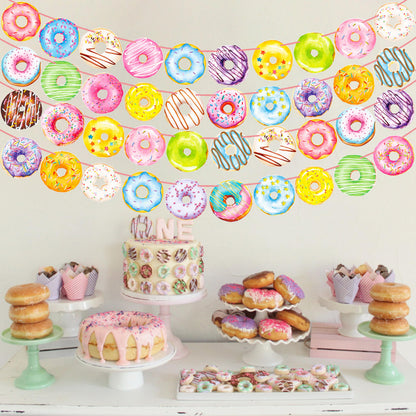iPartyFun Donut Party Banners 4Pcs Donut Party Decorations Donut Themed Birthday Party Banner Decorations for Donut Theme Party Sweet Baby Shower Supplies