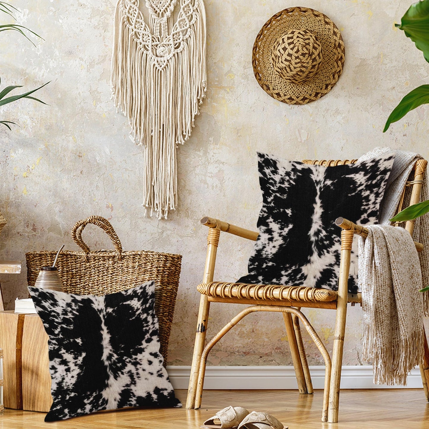 Cowhide Print Pillow Covers 20X20 Inch Black White Cow Spots Decorative Square Pillow Cases Set of 2 Farmhouse Western Home Decor Cotton Linen Throw Pillows For Bedroom Sofa Couch Porch Outdoor