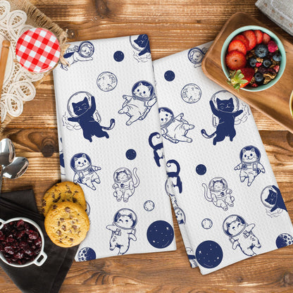 GWFSJYU Space Cat Kitchen Towels Set of 2, Funny Cats Dish Tea Towels for Kitchen, Cute Kitty Decorative Hand Towel for Bathroom, Cat Lovers Gifts, 16x24 Inch