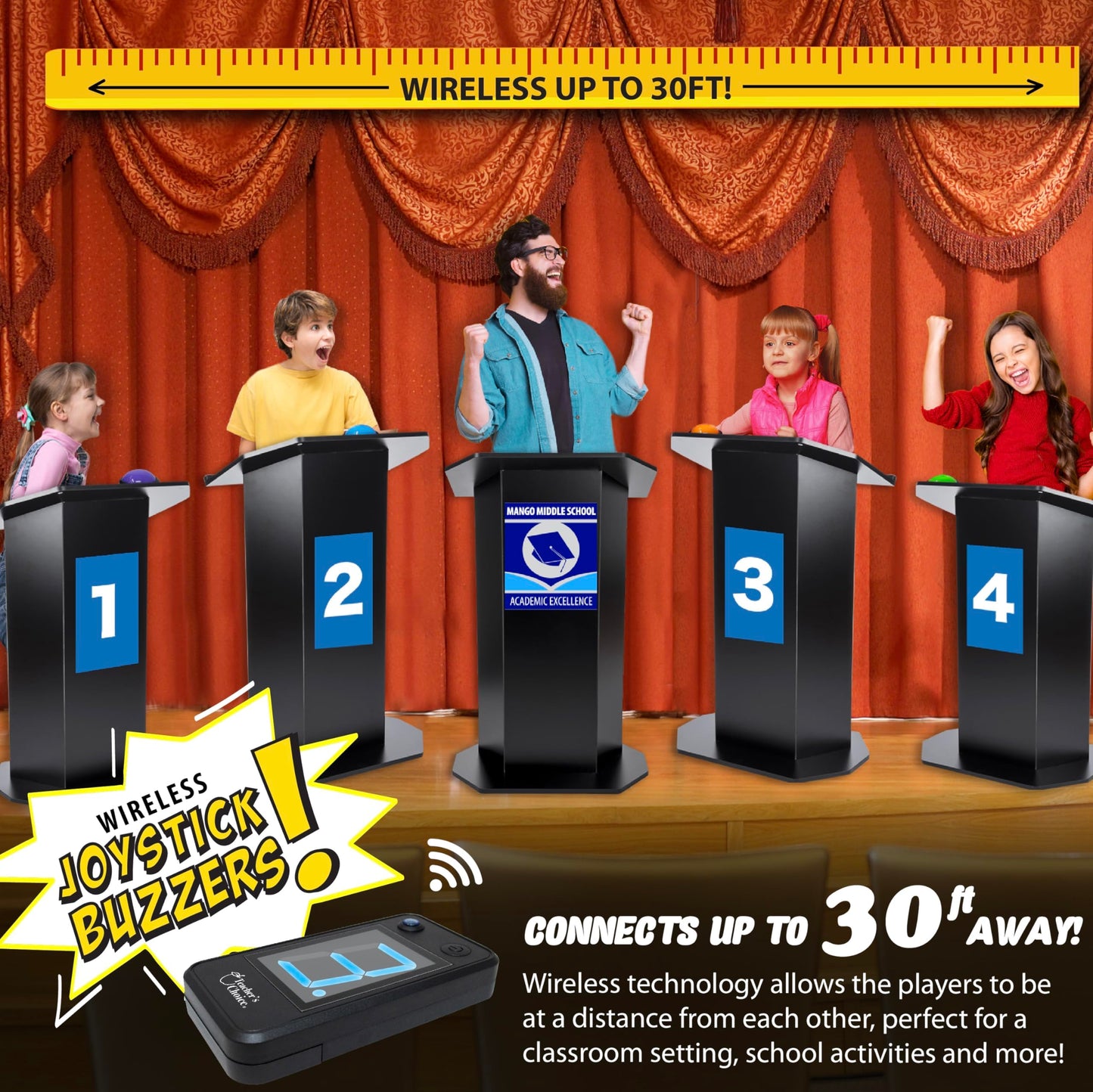 Teacher's Choice Wireless Light Up 8 Player Game Buzzer Button System | Displays the Winning Player | Loud, Unique Sounds Great for Trivia Games, Family Feud, Jeopardy, Competition, Spelling Bees