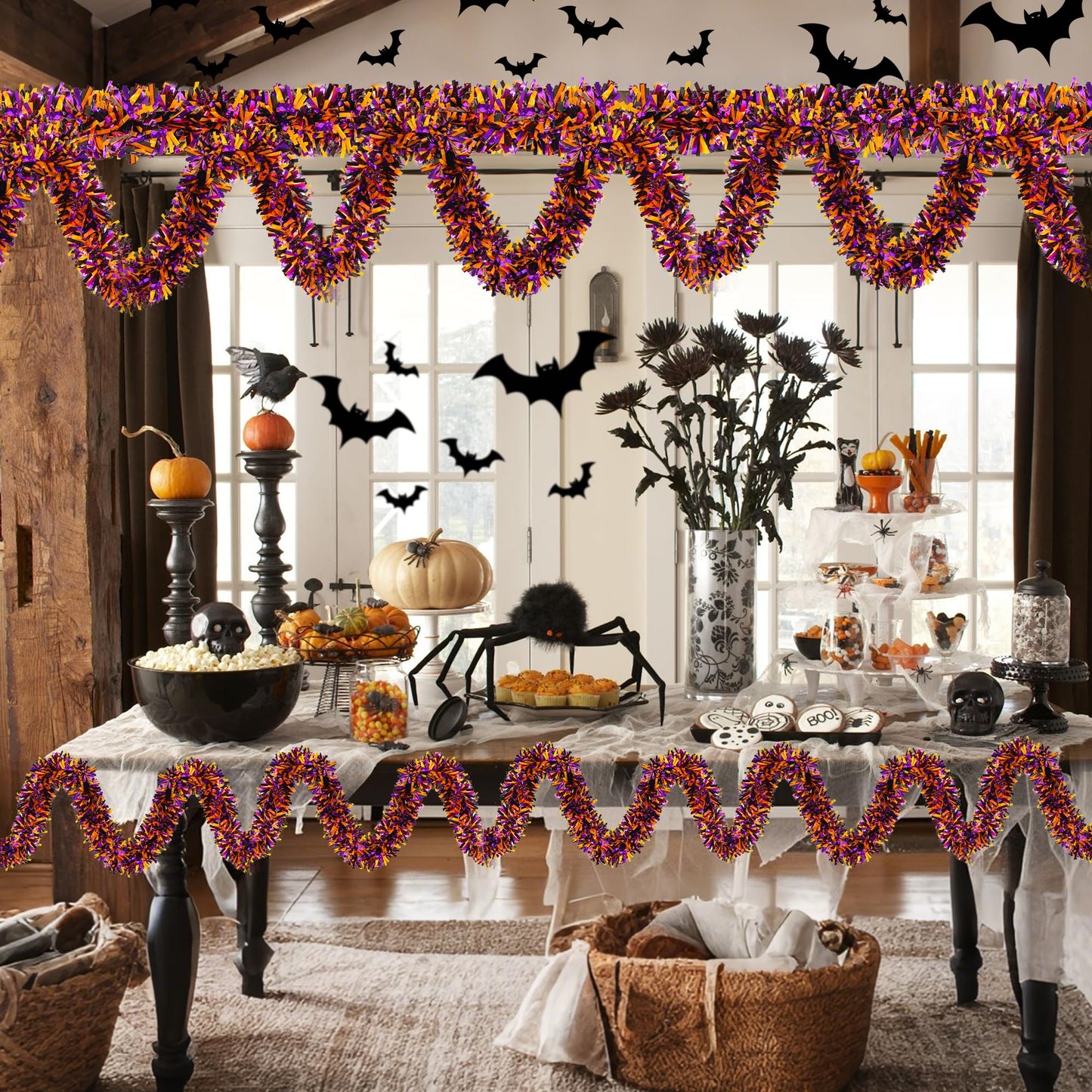 Lairyan 50FT Halloween Tinsel Garland Decorations, Shiny Orange Black Purple Metallic Twist Hanging Garland for Home Tree Stairs Indoor Outdoor Halloween Party Decorations