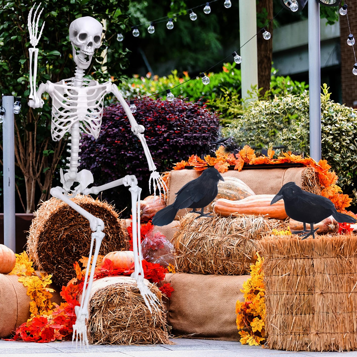 Wocst 6Ft Life Size Skeleton Posable Skeleton with Movable Joints Halloween Full Body Plastic Human Bones with 2PCS Black Crows for Halloween Indoor Outdoor Decor