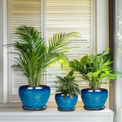 EPFamily Ceramic Plant Pots Indoor, 10 Inch 8 Inch 6 Inch Round Planters Pots for Indoor Outdoor Plants, Modern Large Flower Pots with Drainage Holes and Saucers, Set of 3, Blue