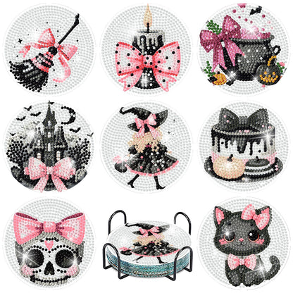 Yijingtop 8 Pcs Halloween Diamond Art Coasters,Cute Pink Gothic Diamond Painting Coasters,Small Diamond Art Kits for Adults,Crystal Gem Art Kits for Home Wall Decor