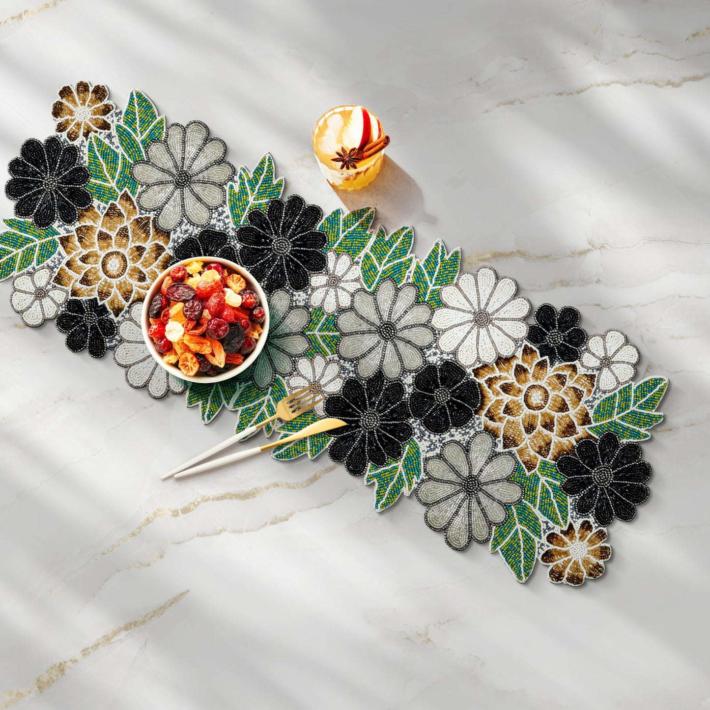 Beaded Table Runner Decore 36 inches Long Christmas Flower Design Beaded Table Runners for Halloween, Christmas, Easter Coffee Tropical ,13X36_Grey Multi