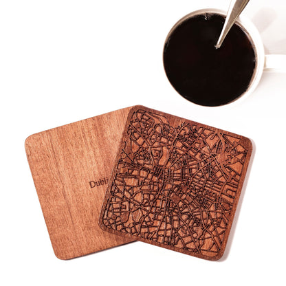 Dublin Map Coaster by O3 Design Studio, Set Of 4, Sapele Wooden Coaster With City Map, Handmade