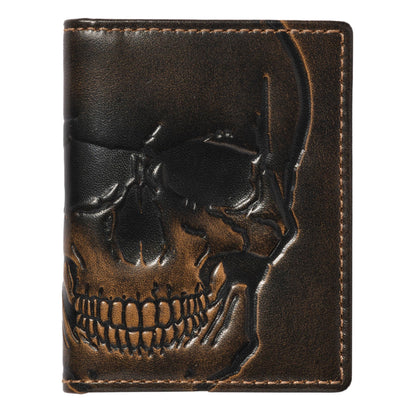 House of Jack Co. Skull Men's Slim Card Wallet, Minimalist Front Pocket Bifold Card Holder, Full Grain Leather, 6 Card Slots with ID Window, Embossed Skull, Gift for Men, Black