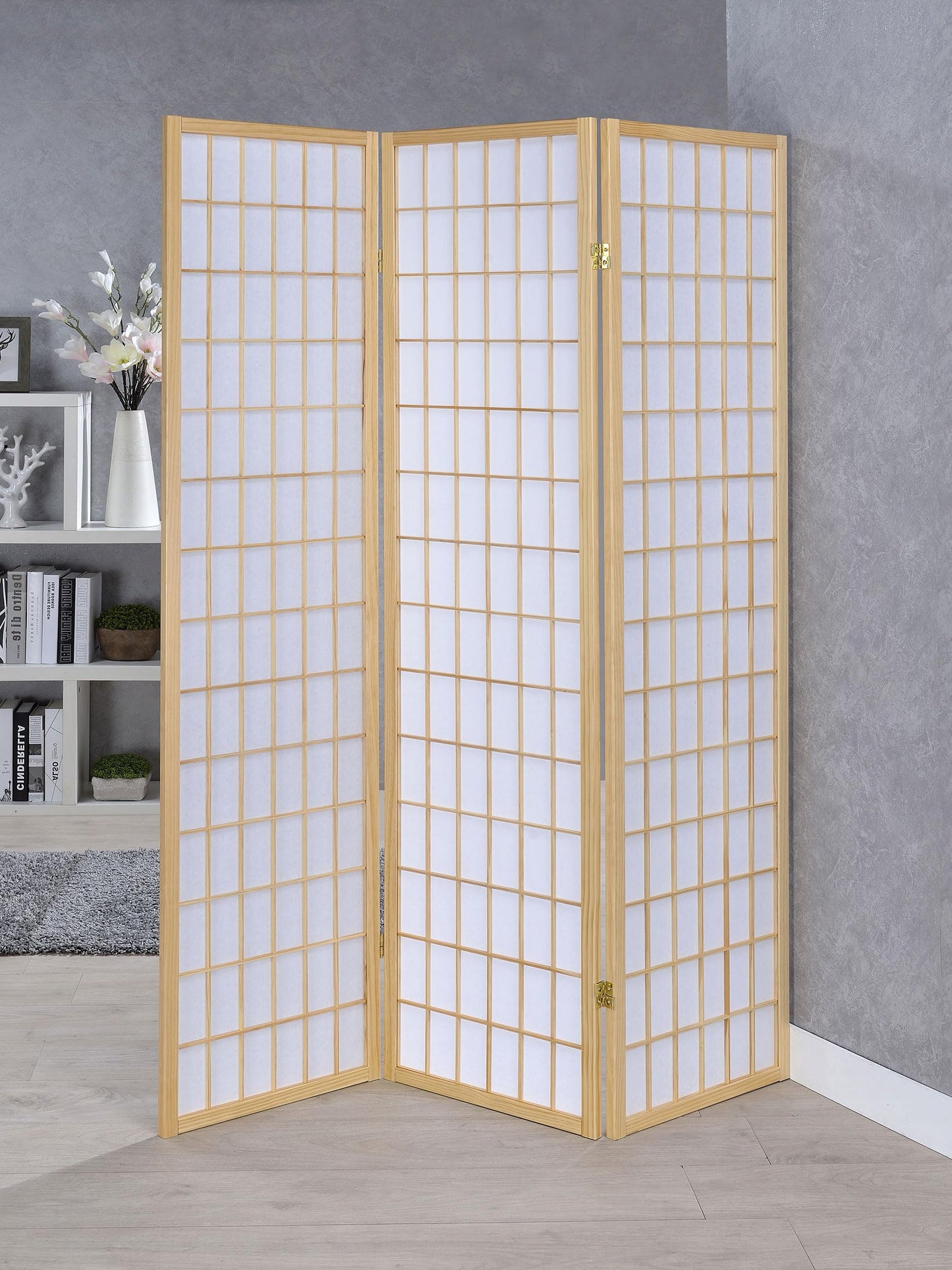 Coaster Home Furnishings - Carrie - Solid Wood - 3-Panel Folding Shoji Screen Room Divider with Linear Grid Design, Metal Hinges and Freestanding Piece - Living Room - Natural Brown - 4621
