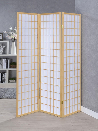 Coaster Home Furnishings - Carrie - Solid Wood - 3-Panel Folding Shoji Screen Room Divider with Linear Grid Design, Metal Hinges and Freestanding Piece - Living Room - Natural Brown - 4621