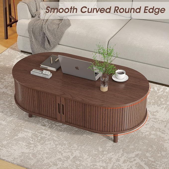 Alohappy 42.5"W Oval Coffee Table, Mid Century Modern Coffee Table with Sliding Tambour Door, Fluted Center Table with Hidden Storage, Curved Profile Dining Table for Living Room, Home Office, Walnut