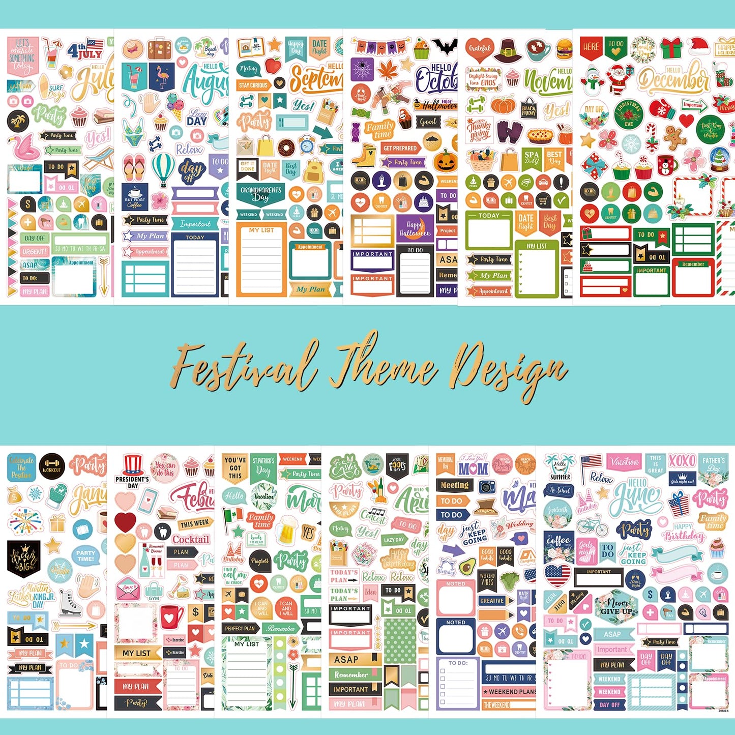 Planner Stickers - Monthly Planner Stickers and Accessories 25 Pages 1500 + Stunning Functional and Colorful Designs, Calendar Sticker Includes Festival Theme Journal Sticker