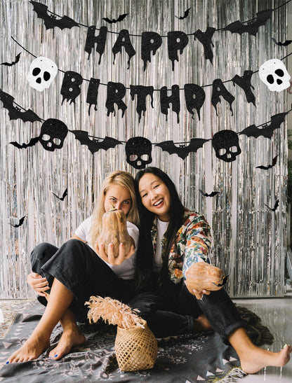 Black Glittery Happy Birthday Halloween Banner Bats Skull 3D Bat Sticker for Horror Birthday Party Decorations Scary Party Decor