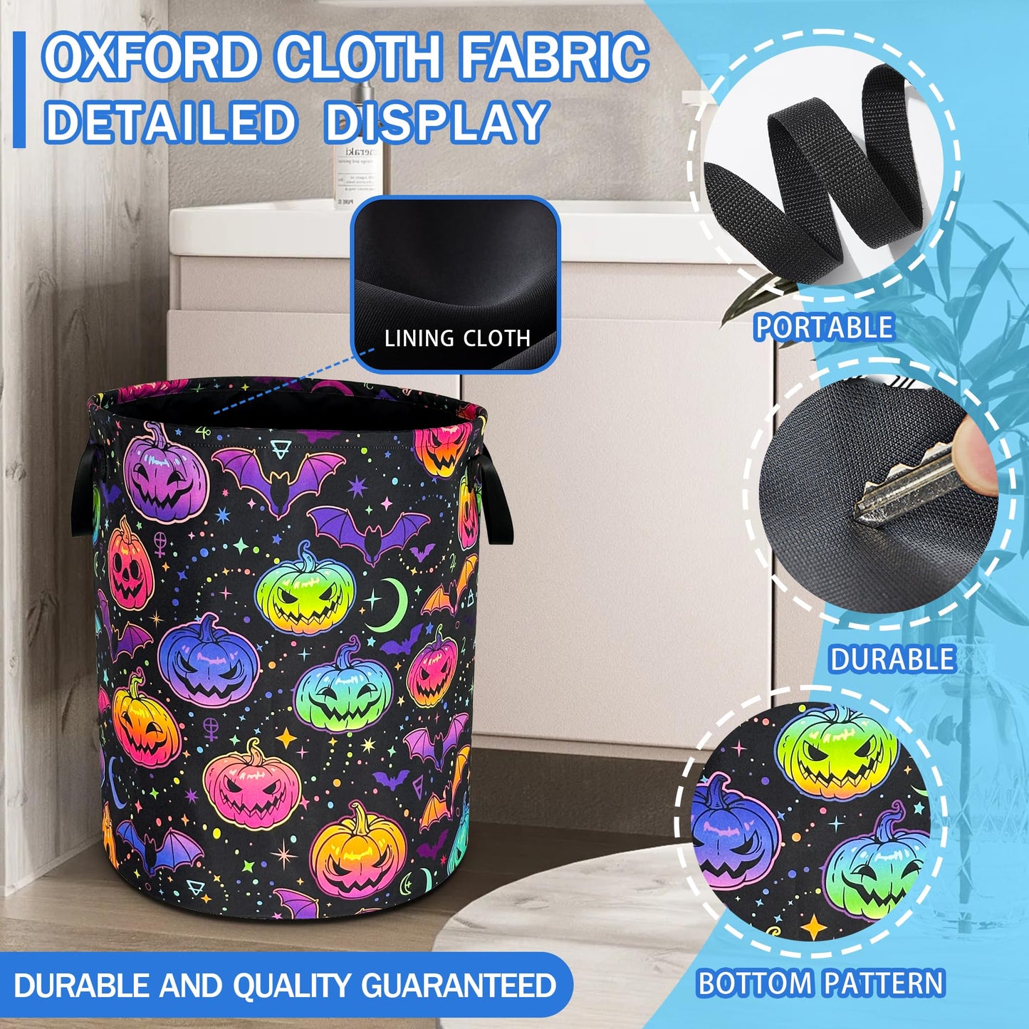 Pumpkin Bat Gothic Laundry Basket Oxford Cloth Funny Laundry Hamper With Handle Foldable Portable Clothes Storage Basket 18.9 X 16.5 In Storage Bag For Laundry Room/Bathroom/Bedroom/Dormitories