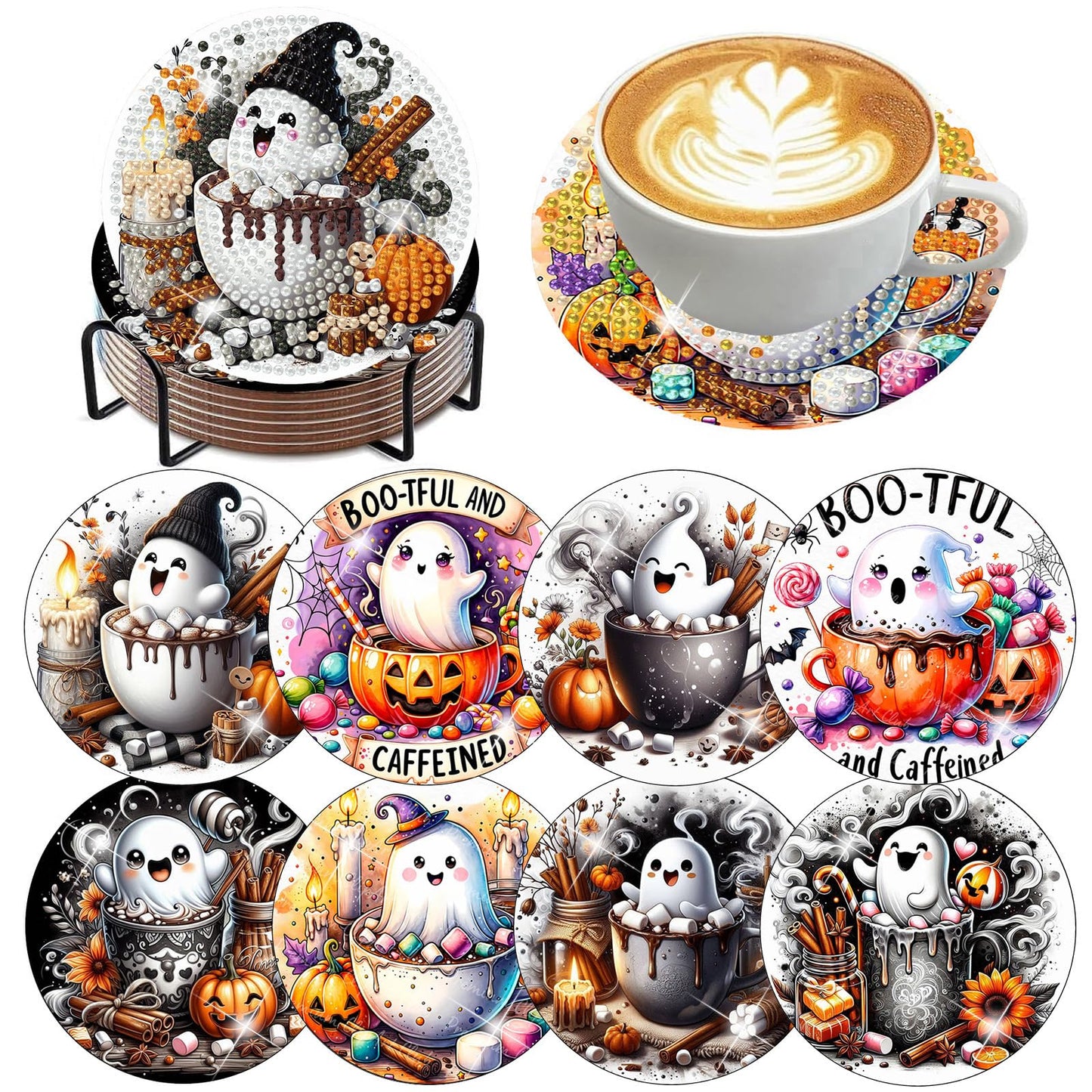 8 PCS Halloween Diamond Art Coasters Kits, Ghost Diamond Painting Coaster Kits Diamond Coasters with Holder Cork Pads Gem Art Dots Paintings Crafts Supplies for Adults Beginners