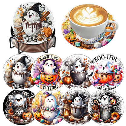 8 PCS Halloween Diamond Art Coasters Kits, Ghost Diamond Painting Coaster Kits Diamond Coasters with Holder Cork Pads Gem Art Dots Paintings Crafts Supplies for Adults Beginners