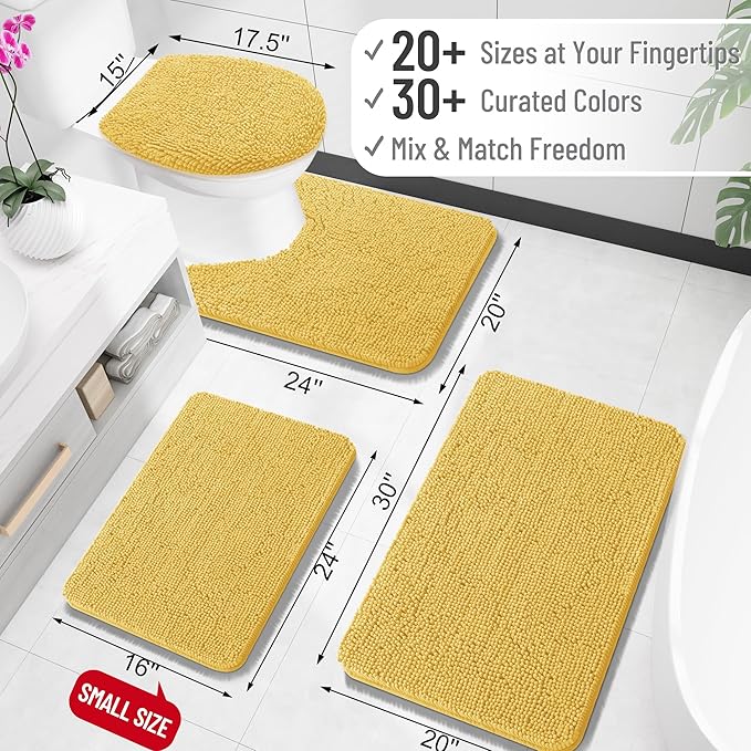 OLANLY Bathroom Rugs 30x18, Extra Soft Absorbent Chenille Bath Rugs, Rubber Backing Quick Dry, Machine Washable Bath Mats for Bathroom Floor, Tub and Shower, Home Decor Accessories, Yellow
