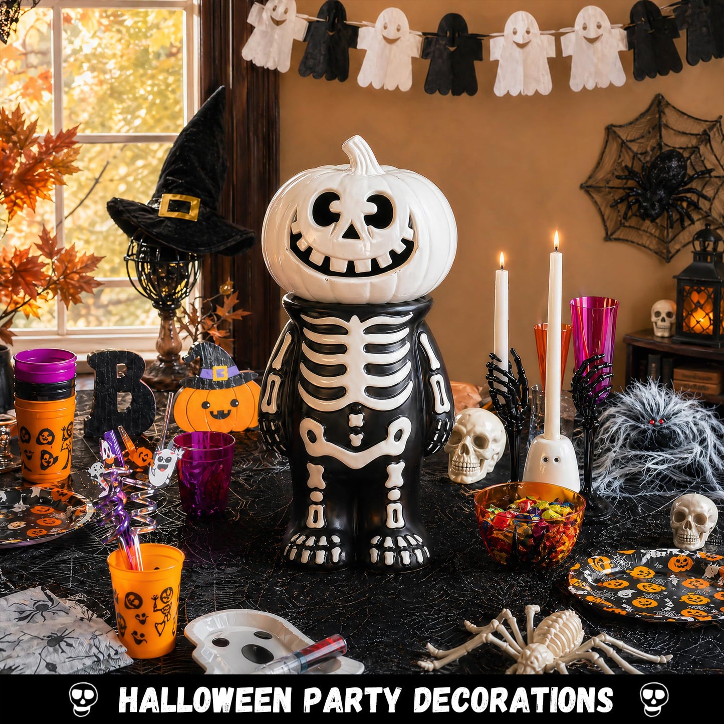 Halloween Decorations Skeleton Pumpkin Stand, Black & White Torso Candy Bowl Holder, Blow Mold Pumpkin Display Stand for Cake Carved Pumpkin, Water-proof Indoor Outdoor Halloween Party Table Decor