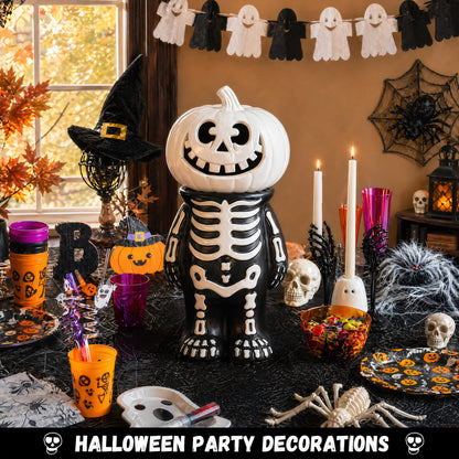 Halloween Decorations Skeleton Pumpkin Stand, Black & White Torso Candy Bowl Holder, Blow Mold Pumpkin Display Stand for Cake Carved Pumpkin, Water-proof Indoor Outdoor Halloween Party Table Decor
