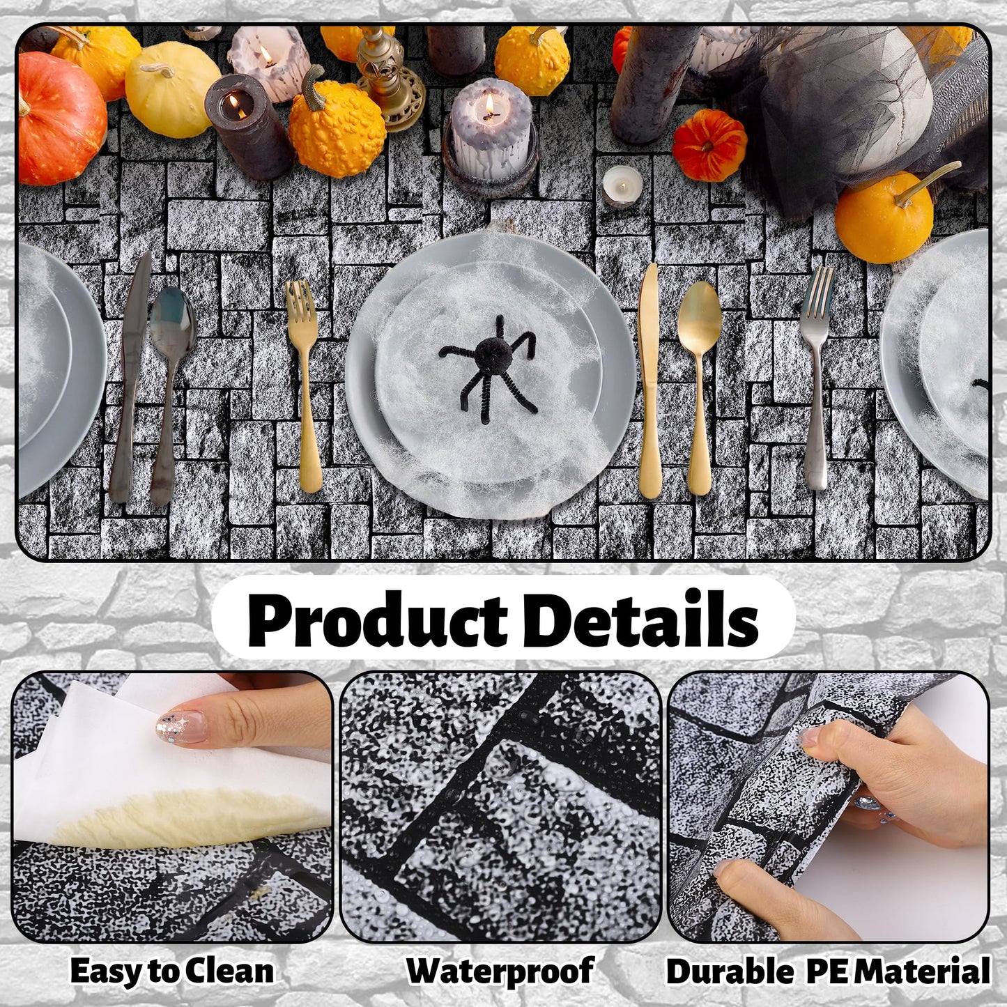 Aneco 120 Ft x 54 Inch Halloween Stone Wall Tablecloth Roll with Cutter Box Disposable Brick Stone Plastic Table Cover Medieval Brick Wall Backdrops for Castle Knight Theme Parties and Birthdays