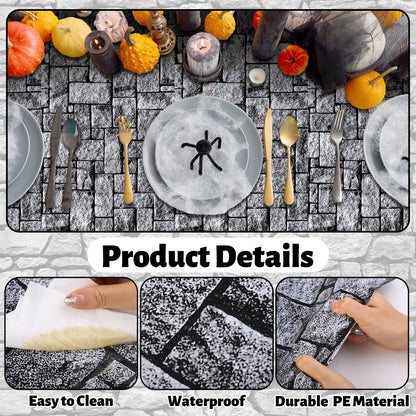 Aneco 120 Ft x 54 Inch Halloween Stone Wall Tablecloth Roll with Cutter Box Disposable Brick Stone Plastic Table Cover Medieval Brick Wall Backdrops for Castle Knight Theme Parties and Birthdays