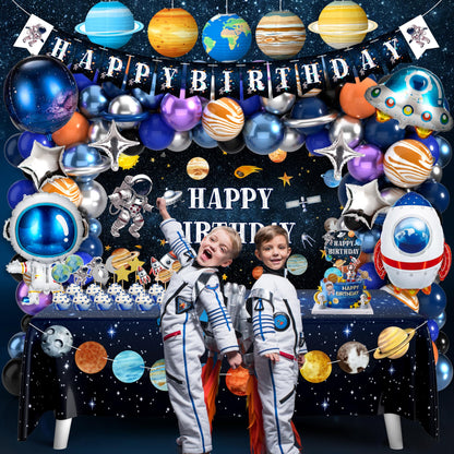 Outer Space Birthday Party Decorations Space Themed Party Supplies Planet Banner Backdrop Cake Topper Solar System Paper Lantern Galaxy Tablecloth Balloon Garland Kit for Space Astronaut Party Decor