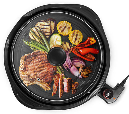 Elite Gourmet EMG-980B Smokeless Electric Tabletop Grill Nonstick, 6-Serving, Dishwasher Safe Removable Grilling Plate, Grill Indoor, Tempered Glass Lid, Adjustable Temperature, 14" Black