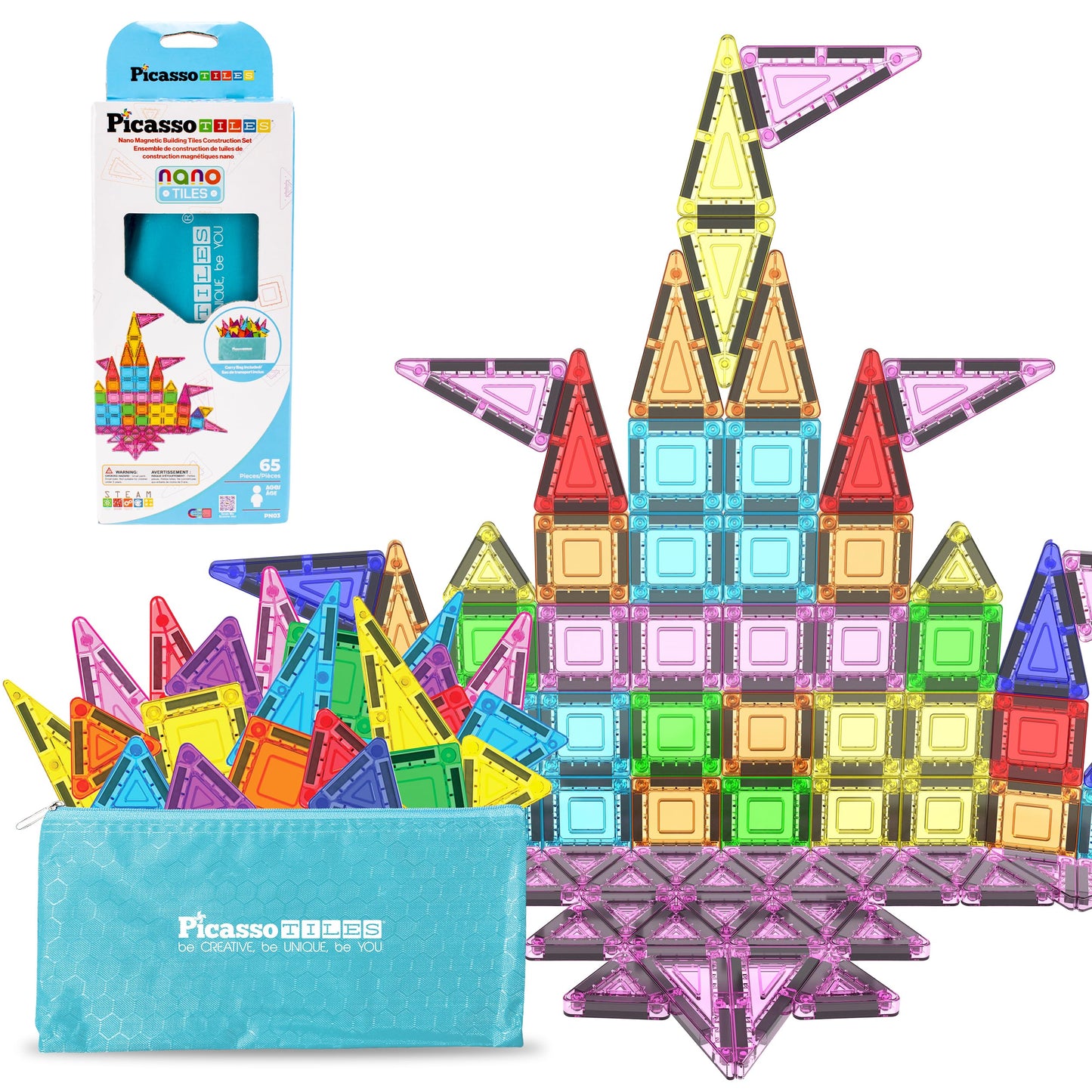 PicassoTiles 65pc Nano Magnetic Tile Travel Size Mini Portable Toy Construction Building Blocks Playset with Storage Bag Pouch STEM Montessori Classroom Magnet Tiles Stacking Toys for Kids Age 3+ PN03