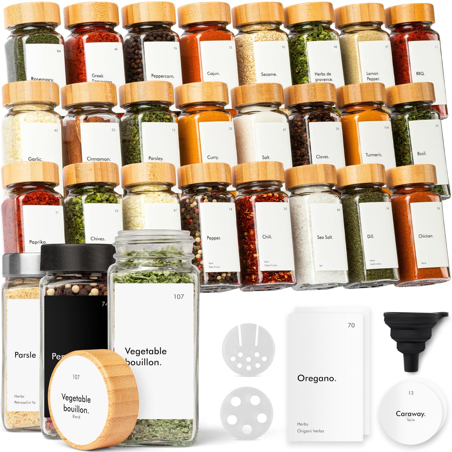 KIVY Spice Jars with Labels [24x 4oz] Glass Seasoning Containers with Airtight Lids for Organization - Empty Square Bottles for Spices & Seasonings with Shaker Lids - Spice Containers Bamboo
