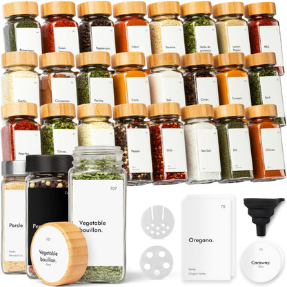 KIVY Spice Jars with Labels [24x 4oz] Glass Seasoning Containers with Airtight Lids for Organization - Empty Square Bottles for Spices & Seasonings with Shaker Lids - Spice Containers Bamboo