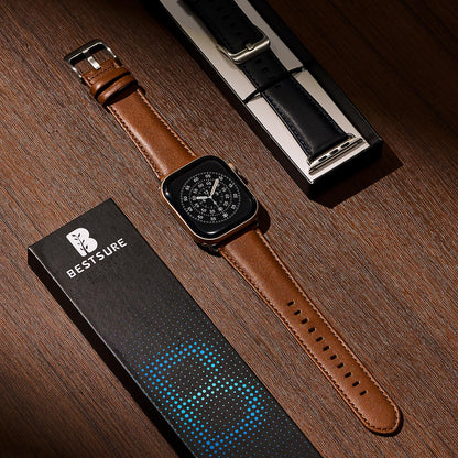 BESTSURE Leather Band Compatible with Apple Watch for Men and Women, Classic Genuine Leather Watch Strap, Fits Ultra/SE/Series 11–3(49/46/45/44/42mm), Brown