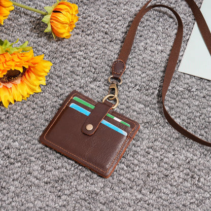 Wonderpool Leather Horizontal Badge Holder with Detachable Neck Lanyard and Retractable Badge Reel Clip, Card Slots Case ID Card Holder for ID Badges Card and Driver Licence (Coffee)