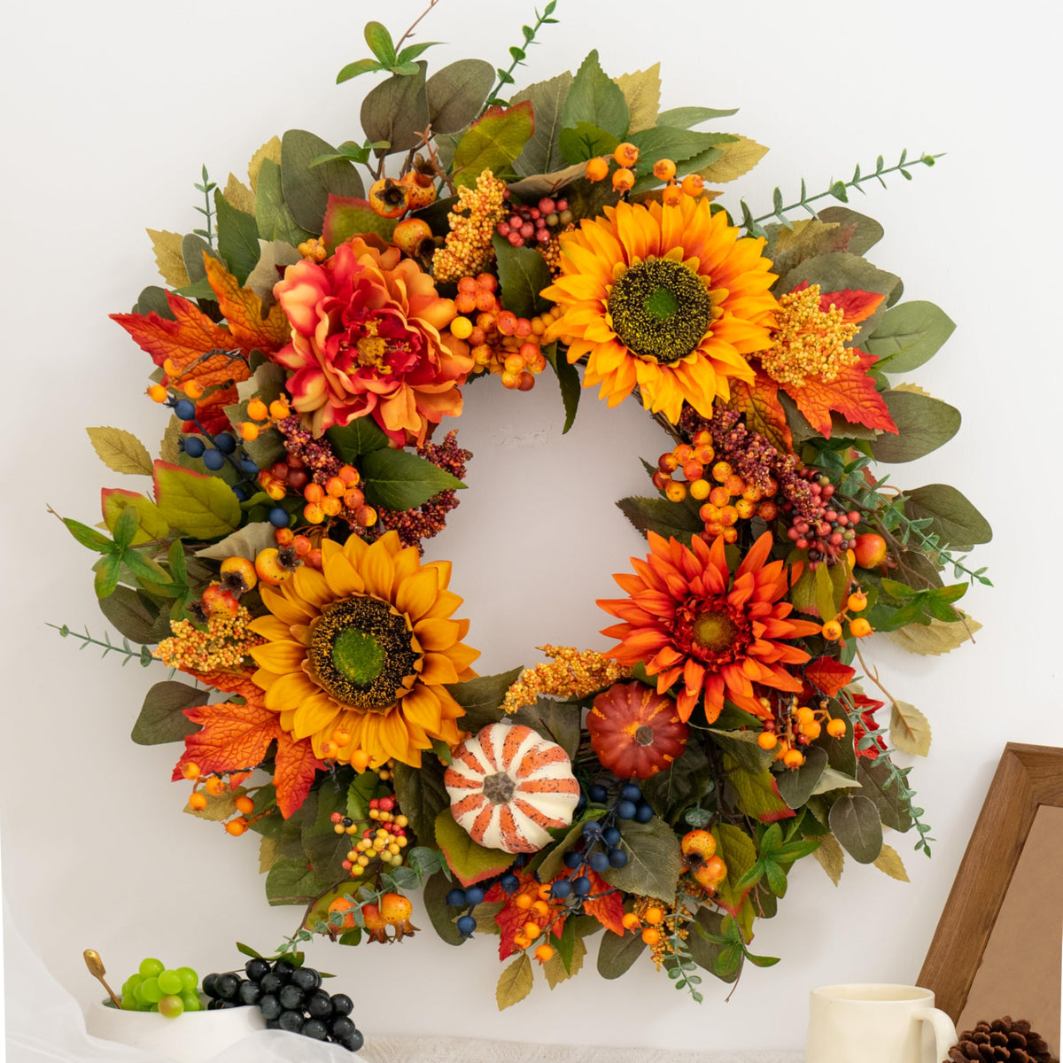 Fall Wreaths for Front Door – 24 Inch Autumn Wreath with Pumpkins, Sunflowers, Berries & Maple Leaves – Fall Door Wreath for Outdoor Thanksgiving, Halloween & Harvest Decor