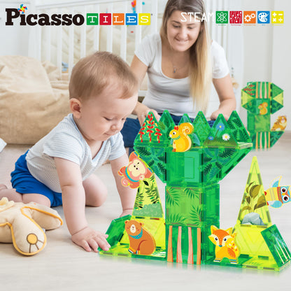 PicassoTiles Magnet Tile Building Blocks Forest Animal Theme Toy Set with 8 Character Action Figures Educational STEM Learning Construction Kit Pretend Play Magnetic Tiles Preschool Kids Ages 3+ PTQ16