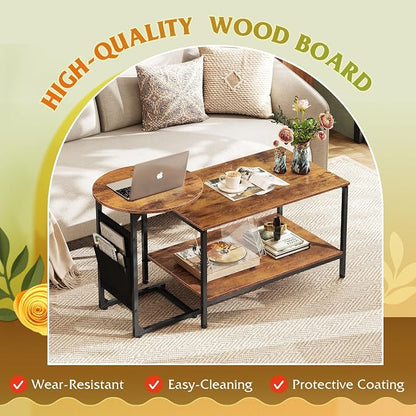WLIVE Coffee Table, Small Coffee Tables for Living Room, Modern Center Table and Side Table Set with Storage Side Pouch for Bedroom, Apartment, Rustic Brown