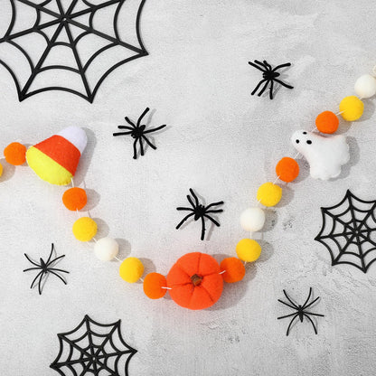 Whaline Halloween Felt Ball Banner Candy Corn Ghost Pumpkin Hanging Banner 3D Yellow White Pom Pom Garland for Halloween Party Supplies Fireplace Wall Home Decoration