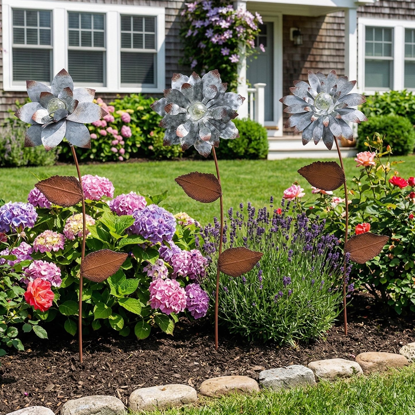 Topadorn 3-Pack Glow-in-the-Dark Metal Flower Garden Stakes, 14" Weatherproof Outdoor Plant Picks, Rustic Yard Art for Lawn & Patio