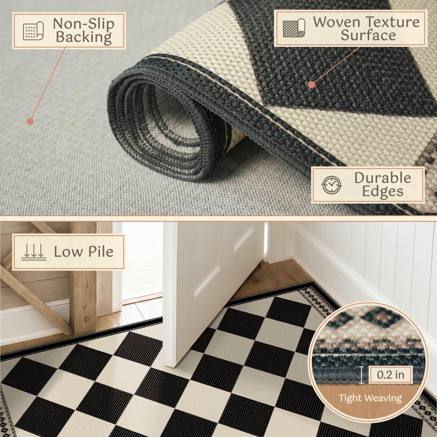 Black and White Checkered 2x5 Easy Jute Laundry Room Rug Runner, Laundry Floor Mat, Washable Non Slip Diamond Boho Carpet for Entryway, Bathroom, Kitchen, Checkerboard Modern Farmhouse Mat