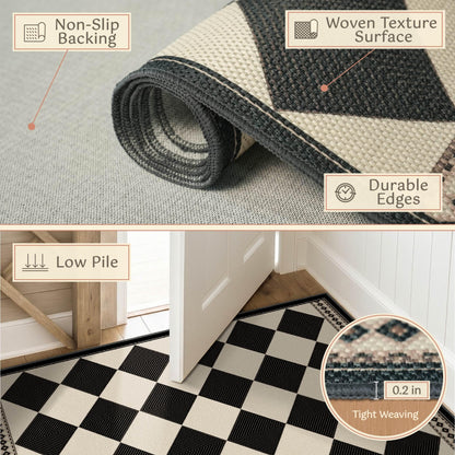 Black and White Checkered 2x5 Easy Jute Laundry Room Rug Runner, Laundry Floor Mat, Washable Non Slip Diamond Boho Carpet for Entryway, Bathroom, Kitchen, Checkerboard Modern Farmhouse Mat