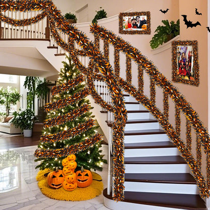 Halloween Decorations, 50FT Halloween Tinsel Garland Shiny Orange Black Metallic Twist Hanging Garland for Indoor Outdoor Home Tree Stairs Party Decorations