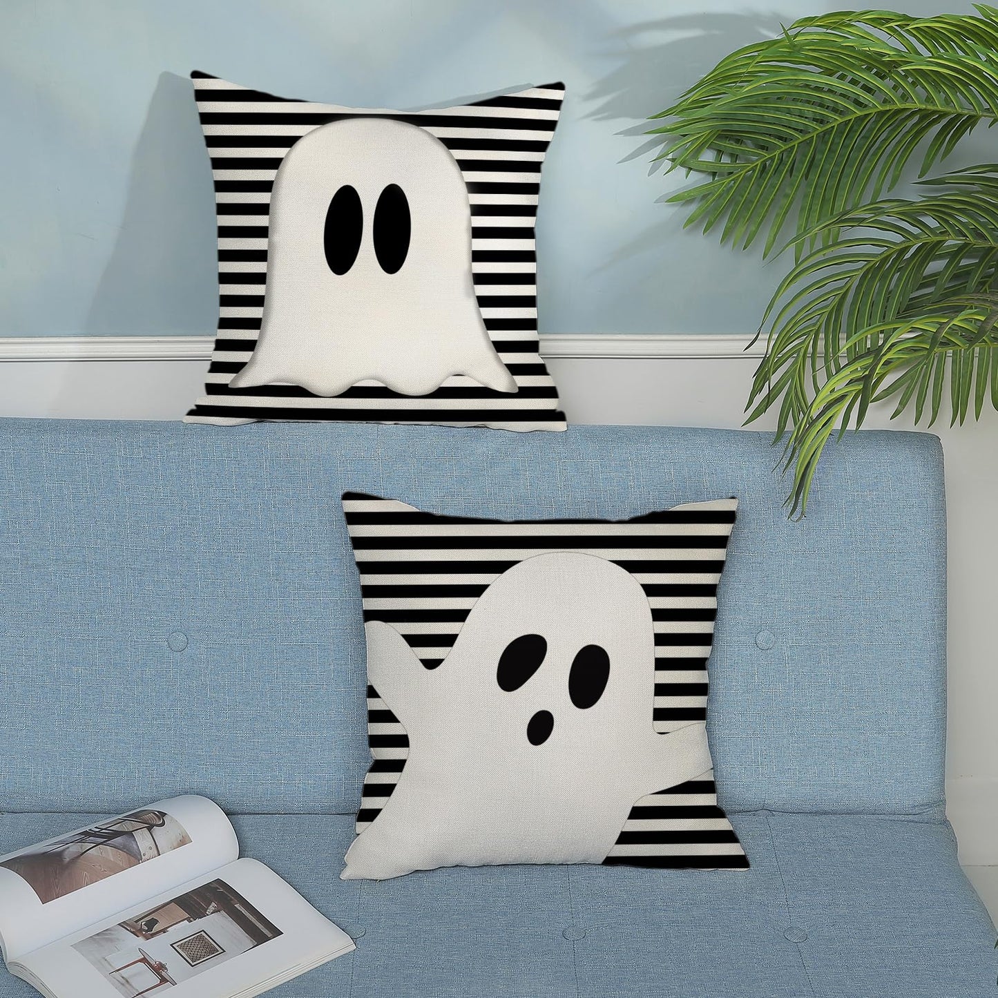 DAFENA Halloween Pillow Covers 18x18 Inch 2 Pcs Black Striped Cream Cute Spooky Ghost Fall Decor Throw Pillows Autumn Outdoor Seasonal Decoration Pillowcase Linen Cushion Cover for Couch Sofa