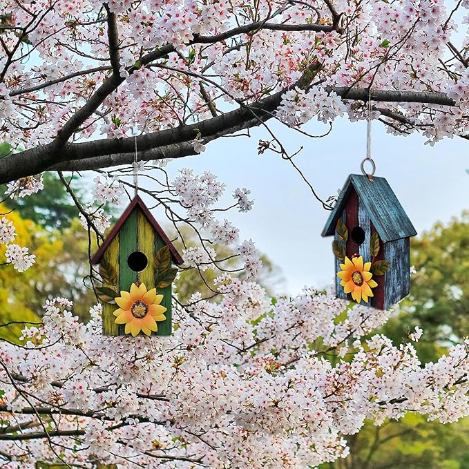 2 Pack Wood Bird House for Outside, Hanging Decorative Bird House Outdoor Garden Patio Yard Rustic Hand-Painted Bluebird Birdhouse Nesting Box for Finch Wren Sparrow Chickadee