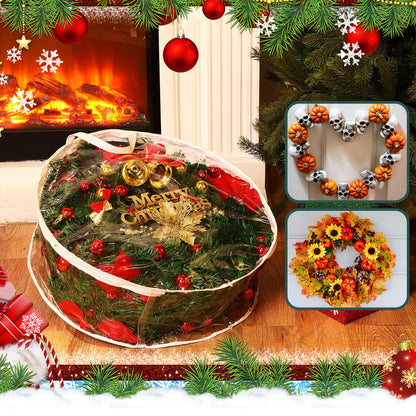 Zhengmy 10 Pcs 30 Inch Christmas Wreath Storage Bags Transparent Wreath Storage Container Bulk Wreaths Box with Dual Zippers and Handles for Xmas Holiday Wreaths Garland