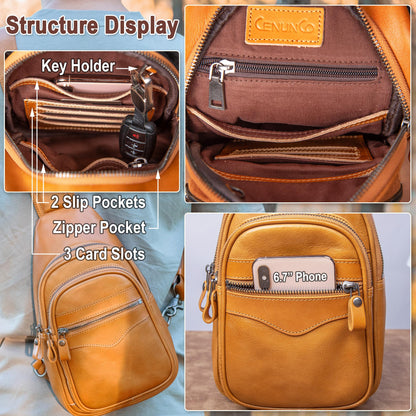 CENUNCO Genuine Leather Sling Bag for Men and Women Crossbody Shoulder Bag Sling Backpack Chest Purse Carry on Casual Daypack(Tan)