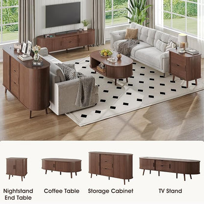 Alohappy 42.5"W Oval Coffee Table, Mid Century Modern Coffee Table with Sliding Tambour Door, Fluted Center Table with Hidden Storage, Curved Profile Dining Table for Living Room, Home Office, Walnut