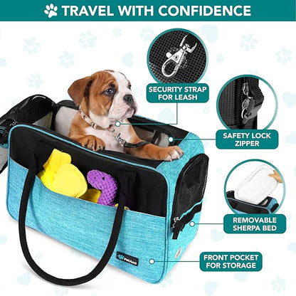 PetAmi Dog Purse Carrier for Small Dogs, Airline Approved Soft Sided Pet Carrier with Pockets, Ventilated Dog Carrying Bag for Puppy Cat, Dog Travel Supplies Bag, Sherpa Bed, Max 12 lbs, Teal Blue