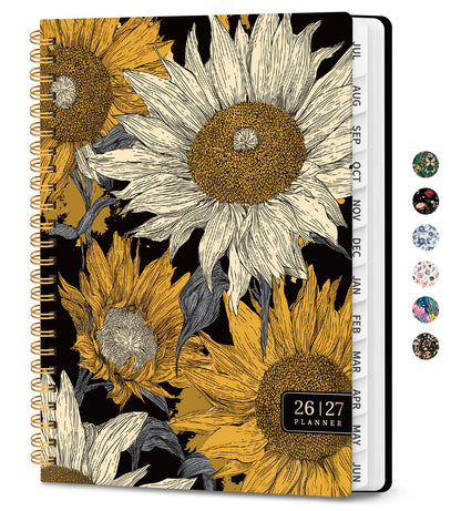 Academic Planner 2026-2027, Monthly and Weekly Calendar Planner, July 2026 - June 2027, Pretty Hardcover Teacher Student Planning Agenda Book with Tabs, Fit for School Office Supplies, 6.3" x 8.5", Nocturne Sunflowers