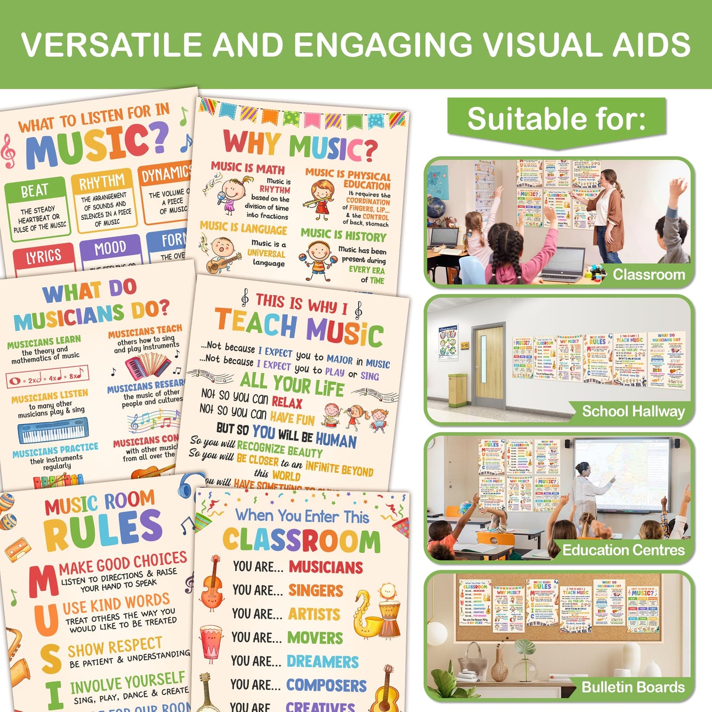 Lalunia 6 Pcs Music Classroom Posters (11"x16") - Why Music Classroom Rules Posters for Bulletin Board Decorations, Teacher Supplies, Musical Education Decor for Elementary Middle School